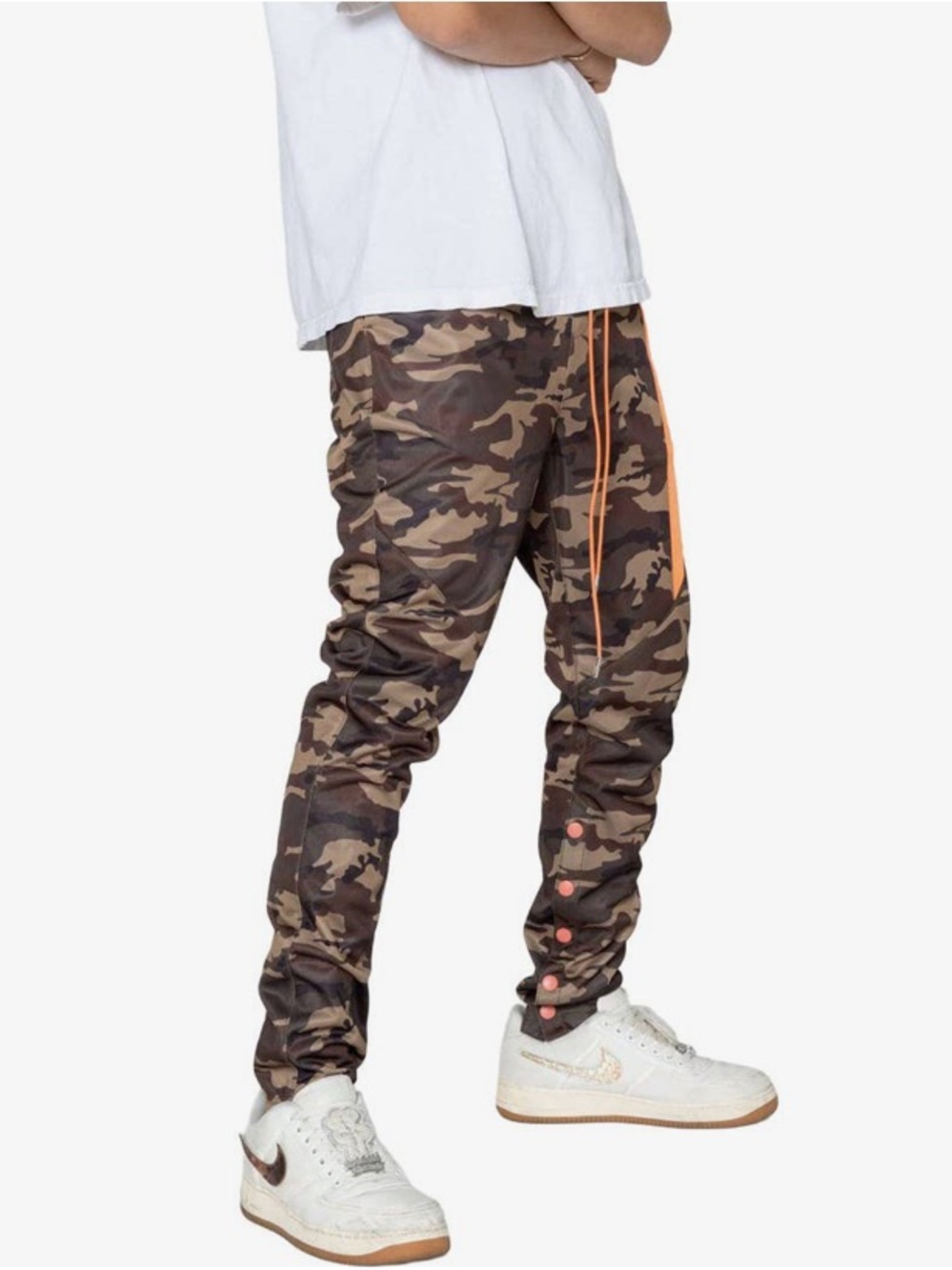 Men's Urban Camo Snap Track Pants Camo Cargo Joggers with Orange Accent